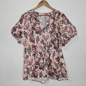 Entro Paisley Print Button Down Puff Sleeve Top